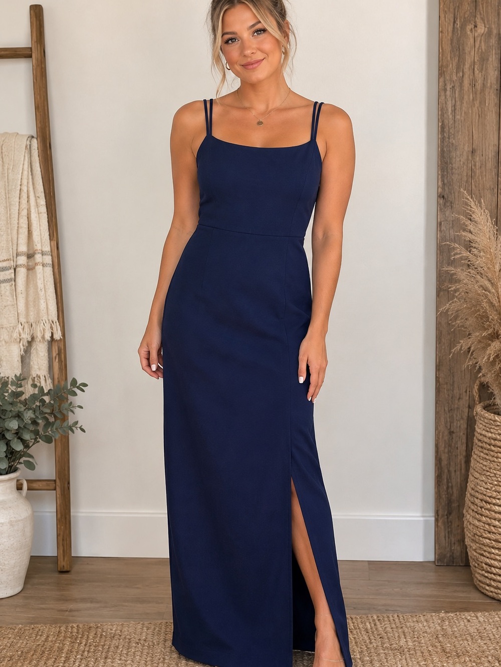 Elegant Navy Maxi Dress with Double Straps and Side Slit